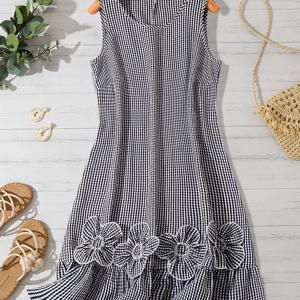 TEMU 민소매 라운드넥 여름 캐주얼 루즈핏 우아한 체크무늬 드레스