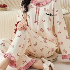 TEMU 나비 리본 하트 플라워 프린팅 레터링 여성 파자마 세트 - 가을/겨울 라운드넥 긴팔 팬츠, 편안한 캐주얼 투피스 홈웨어