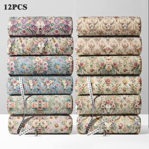 TEMU 빈티지 모리 스타일 꽃무늬 소 해골 프린트 예술적이고 상큼한 멀티컬러 패턴 테이블 장식용 천 12피스, 총 12가지 디자인 스타일의 팻 에그스 패브릭 번들, 폴리에스테르 패치워크, 패치워크, DIY 공예 프로젝트, DIY 지갑 만들기, 선물, DIY 인형 옷 만들기, 가방 만들기, 쿠션 커버 제작에 적합, 120g/m²