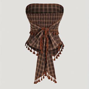 TEMU 프렌치 빈티지 체크 프린지 리본 크롭 탱크 탑 [Zllz]