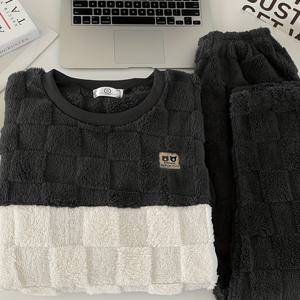 TEMU 새로운 가을/겨울 남성용 두꺼운 보온 플리스 홈웨어 세트 (곰돌이 디자인), 긴팔 & 긴바지 파자마, 체크무늬 패턴, 부드럽고 편안함, 겨울철 따뜻함에 완벽, 좋은 선물