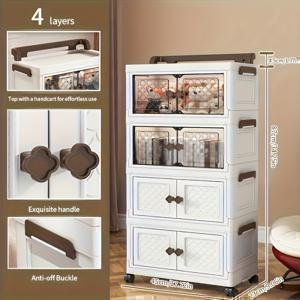 TEMU 3/4/5단 접이식 수납 캐비닛. 상단에 손잡이가 있어 이동이 용이합니다. 대용량 플라스틱 뚜껑형 박스 수납 기능이 있으며 휴대용 옷장 정리 및 수납 솔루션으로 사용할 수 있습니다. 롤링 기능도 제공합니다.