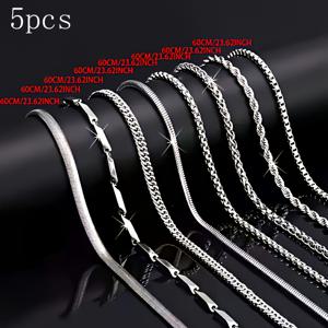 TEMU 5개 남성용 티타늄 스테인리스 스틸 목걸이 세트, 스타일리시한 스테인리스 스틸 목걸이, 실버 기하학적 목걸이, 유니크한 힙합 캐주얼 목걸이 세트, 남성을 위한 완벽한 선물