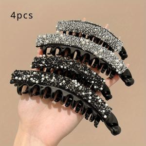 TEMU 여성용 스파클링 라인스톤 바나나 클립 2/3/4개 세트, 신상 고급형 높은 포니테일 고정 클립, 볼륨업 헤어 클로 클립