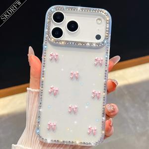 TEMU 아이폰 17, 17 Air, 17 Pro, 17 Pro Max, 16, 16 Pro, 16 Pro Max, 16 Plus, 15, 15 Pro, 15 Pro Max, 14, 14 Pro, 14 Pro Max, 13, 13 Pro, 13 Pro Max용 럭셔리 라인석 박힌 프레임 입체 작은 리본 휴대폰 케이스