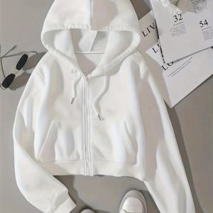 TEMU 솔리드 드로스트링 지퍼업 보온 안감 크롭 후드티