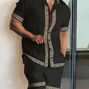 TEMU 우아한 남성용 2피스 의상, 캐주얼 라펠 버튼업 반팔 셔츠 하와이안 셔츠 및 끈 조절 쇼츠 세트 여름용, 남성 의류