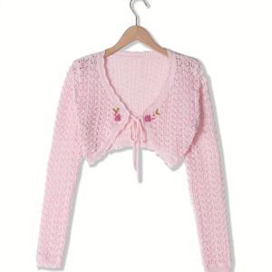 TEMU 여성용 숏 오픈워크 핑크 로즈 가디건