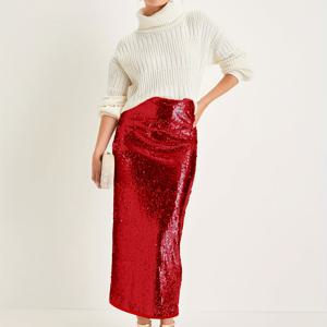 TEMU 여성 스팽글 레드 스커트, 우아한 힙업 롱 스커트