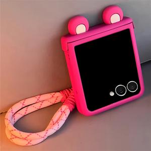 TEMU 삼성 갤럭시 Z 플립7/플립6/Z플립5/4/3용 귀여운 카툰 3D 귀 디자인 브래킷 매트 폴딩 폰 케이스 - 스타일리시 솔리드 컬러 안티폴딩 PC 하드 백커버 + 나일론 끈 포함