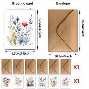 TEMU 12장의 수채화 꽃 인사말 카드 세트 (봉투 포함) - 6가지 스타일, 감사 메모, 식물 테마 카드, 친구, 선생님, 동료, 사업, 휴일, 축복, 사무용품 등 모든 경우에 적합 - 완벽한 선택!