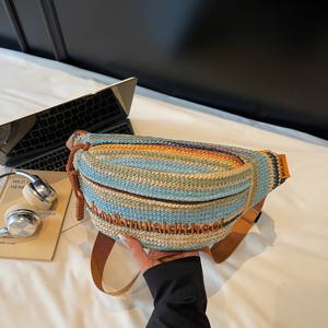 TEMU 빈티지 직조 체스트백 여성 패션 랜덤 컬러 블록 스트로 크로스바디 숄더 토트 가벼운 다용도 휴가 스타일 종이 짚 소형 사각 백