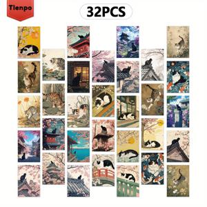 TEMU 32개, 일본풍 고양이 엽서, 우키요에 스타일 귀여운 고양이 포스터, 거실 장식 스티커 침실 인테리어, 테마 스크랩북/장식 카드, 두꺼운 카드스톡, 고품질 인쇄, 예술적 선물, 벽 데칼, 수집용 기념품, 우편 발송 가능