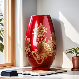 TEMU 세련된 금색 꽃무늬 디자인의 레드 세라믹 꽃병 - 매끄러운 마감, 빈티지 감성, 거실 또는 TV 스탠드 장식 강화에 이상적입니다. 가정용 장식용 꽃병입니다. [식물 미포함]