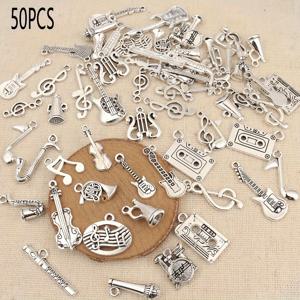 TEMU 50개 랜덤 믹스 음표/악기 펜던트, 알로이 재질, 빈티지 및 다용도 디자인, 클래식 은색 패션, 뮤직 페스티벌 분위기, 파티 장식 및 주얼리 제작에 적합