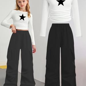 TEMU 별 프린트 패턴이 돋보이는 신상 투피스 세트. 패셔너블한 캐주얼 긴팔 라운드넥 티셔츠와 와이드 레그 팬츠가 함께 어우러진 여아용 의상으로 가을, 야외 활동에 완벽합니다.