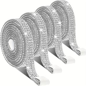 TEMU 스티커와 2mm 라인스톤이 장식된 실버 리본 테이프가 특징인 자체 접착 라인스톤 스트립 4롤입니다. 이 반짝이는 리본 롤은 미술 및 공예, 결혼식, 생일 파티, 이벤트에 적합합니다.