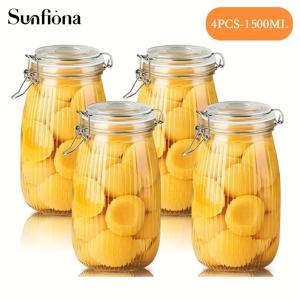 TEMU 선피오나 4개 팩 유리 밀폐 용기 래치 뚜껑, 다목적 둥근 식품 보관 용기, 냉동고 및 식기 세척기 안전, 오이, 후추, 꿀 보관에 이상적, 전기 불필요