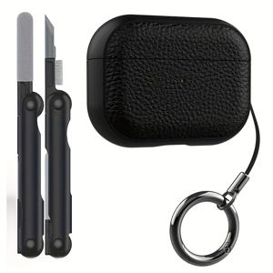 TEMU 솔리드 컬러 가죽 질감 에어팟 케이스 (에어팟 프로 3/프로 2/프로/4/3/2/1 호환), 클리닝 펜 세트 포함, 충격 방지 보호