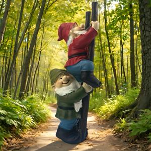 TEMU 매력적인 14.17인치 대형 정원 등반 사다리 조각상, 흰색 수염의 등반 요정 2명과 나무 사다리가 특징이며 크리스마스, 추수감사절, 할로윈에 완벽하며 소인간 정원 장식입니다.