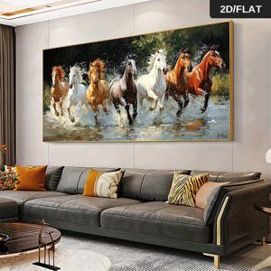 TEMU 거실 벽 예술용 2D 평면 초대형 장식 그림, 물속을 달리는 현대적인 추상 말의 캔버스 프린트, 생생한 수채화 디자인, 벽 장식, 거실 및 침실에 적합, 고품질 캔버스 포스터, 말 장식, 75x152.4cm 29.6x60인치, 액자 미포함, 2D/평면