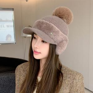 TEMU PURINOSE [겨울 신상] 여성 골프모자 패치워크귀달이 토끼털 방한모-블랙/핑크/화이트/브라운