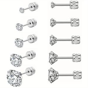 TEMU 5쌍 스크류 백 스터드 귀걸이, 여성 남성용 하이포알러제닉 스테인리스 스틸 큐빅 합성 지르코니아 양면 귓바퀴 트라거스 이어링 2-6mm