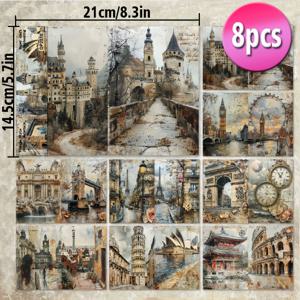 TEMU 8개 팩 판알리사 A5 빈티지 랜드마크 스크랩북 종이 패드 - 유럽 성, 빅벤 및 시드니 오페라 하우스가 있는 단면 수채화 데쿠파주 페이퍼, DIY 공예, 저널링, 선물 포장용 - 환상 테마 여행 영감 아트, 저널링 시트 | 러스틱 에스테틱 | 고품질 인쇄, 스크랩북 용품