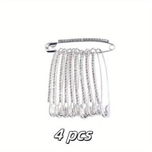 TEMU 실버 라인스톤 안전핀 4개 세트, 크기 2.28 x 0.47인치, 공예 및 뜨개질 프로젝트에 적합, 튼튼한 실버 그레이 재봉 바늘