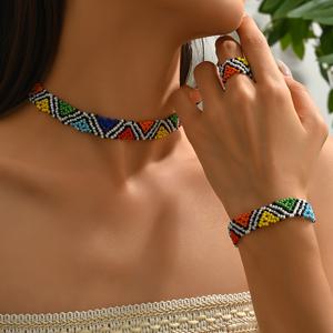 TEMU 핸드메이드 컬러풀 웨이브 씨드 비드 반지, 팔찌, 목걸이 세트 (3종 세트) - 여성용. 핸드메이드 씨드 비드 색상은 다를 수 있음