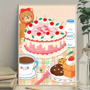 TEMU 기발한 & 케이크 캔버스 아트 포스터 - 체리, 우유 용기 & 체커 무늬 식탁보가 있는 유쾌한 커피숍 장면 - 생동감 넘치는 모던 벽장식, 거실·사무실·카페용 - 생일, 만우절·축하 선물에 딱 맞는 기념품, 화려한 인테리어 소품, 실내 장식