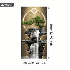 TEMU 2D 플랫, 2D 플랫, 캔버스에 걸린 대형 액자 없는 현대적인 추상 폭포 아트 프린트 - 사슴과 분재 트리 장식이 특징인 아시아 풍경 벽걸이 그림 (입구용)