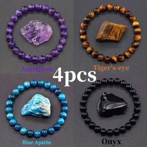 TEMU 스타일 비즈 팔찌 4종 세트 - 자수정, 타이거 아이스, 흑요석, 블루 아파타이트 포함 - 번영과 사랑을 상징하는 탄력 있는 비즈 팔찌 - 남녀 공용 행운&성공 보석 팔찌, 완벽한 선물