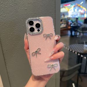 TEMU 아이폰 16 프로 맥스, 15 프로, 14 플러스, 13, 12 및 11용 핑크 라인스톤 리본 글리터 폰 케이스 - 렌즈 보호 기능 포함