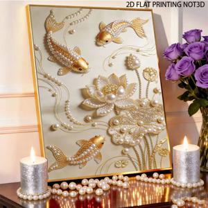 TEMU 페인팅 - 수제 진주 그림 1세트 | 37x47cm/14.57x18.5in, 잉어와 연꽃 공예 패턴, 프레임 없음, 자가 접착 진주 및 포함, 린넨 아크릴, 홈 데코 및 매니아에게 이상적