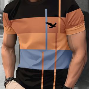 TEMU 야생 거위가 날아가는 디지털 프린트 티셔츠, 매력적인 남성용 라운드 넥 반팔 티셔츠, 편안한 원단으로 세탁기 사용 가능, 남성 패션 트렌드의 첫 번째 선택