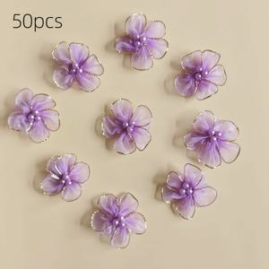 TEMU 50개 수제 다섯 꽃잎 진주 꽃 3구슬 금색 테두리 - 리얼리스틱 레이어드 스노우 거즈 원단 꽃 DIY 웨딩, 부활절, 어버이날, 4월 장식용 - 공예용 꽃