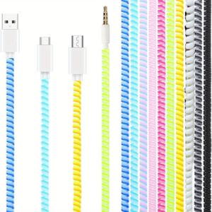TEMU 10개입 스파이럴 케이블 보호 커버, 색상 충전기 보호대, 애완동물 물어뜯지 않도록 데이터 케이블 보호, 휴대폰 충전기 헤드폰 세이버 커버