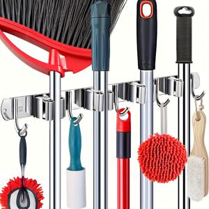TEMU 고하중 스테인리스 스틸 대걸레 및 빗자루 거치대 1개, 미끄럼 방지 클립 및 고리 포함 벽걸이형 - 대형 사이즈 49cm 다용도 수납함, 주방, 욕실, 세탁실 및 정원 도구용, 핸드ヘ어드 진공청소기 스탠드, 빗자루 및 대걸레 정리대 포함