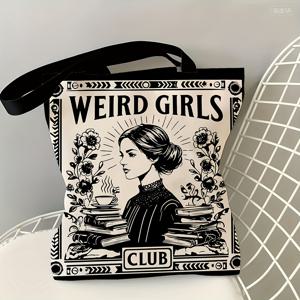 TEMU 1개/2개 Weird Girls Club 토트백 - 빈티지 1950년대 레트로 여성 클럽 디자인, 플로럴 & 기하학적 패턴, 튼튼한 폴리에스터 슈퍼마켓 쇼핑백 (최고, 선물, 캐주얼 외출, 선물 가방용), 재미있는 디자인, 튼튼한 손잡이