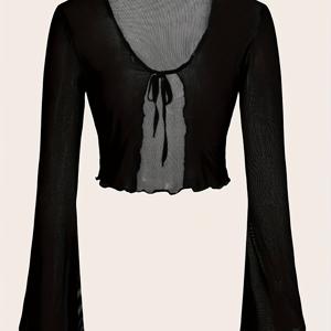 TEMU 시크한 아이스 섬유 메쉬 슬링백 탑 | V넥, 앞면 매듭 디테일, 플레어 밑단, 단색, 짧은 길이, 레귤러 핏