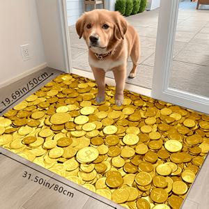 TEMU 황금 동전 패턴의 럭셔리 웰컴 도어매트 1개 - 미끄럼 방지, 세척이 쉬운 골든 벨벳 바닥 매트, 거실, 침실, 주방, 사무실, 욕실 장식용, 세탁 가능한 에리어 러그, 크리스마스, 할로윈용으로 적합