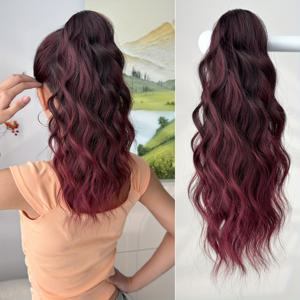 TEMU 클로 포니테일 익스텐션 16인치 워터 웨이브 레드 컬러 내열성 섬유 인조 포니테일 헤어피스, 여성용 데일리 단발 헤어 액세서리