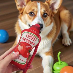 TEMU 노이즈가 나는 싱글팩 애완동물 씹는 장난감. 샐러드 드레싱 병 모양으로 디자인되어 강아지와 고양이에게 적합합니다. 잉어소스 병 모양의 로프 매듭 장난감도 특징이며 치아 씹기에도 좋습니다.