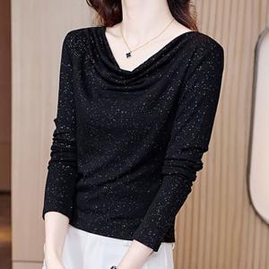 TEMU 여성 봄 티셔츠 셔링넥 긴팔 반짝 라틴 댄스복 상의 슬림핏티셔츠 엘레강스 블랙 티셔츠 패션 티셔츠 모달 95%+폴리에스테르섬유 5%