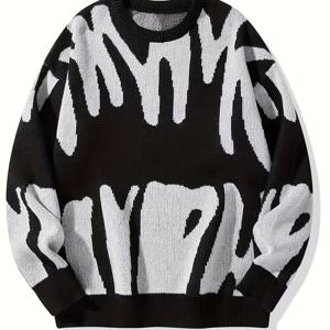 TEMU 2024 봄 신상 남성 캐주얼 컬러 블록 추상 프린트 드롭 숄더 니트 스웨터 - 라운드넥 긴팔 기계 세탁 가능 봄/가을 중간층 필수 아이템, 모던 캐주얼웨어, 중탄력 원단