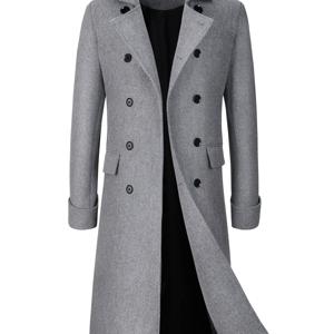 TEMU Men's Classic Design Warm Trench Coat with Notched Lapel, Double-Breasted, Long Length, Casual Tweed Overcoat