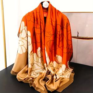 TEMU 고품질 얇은 여성용 스카프, 새틴 아우터, 따뜻한 목 랩, 넉넉한 사이즈의 다용도 장식, 다기능 숄, 긴 플로럴 프린트, 방풍, 비치 타월