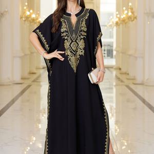 TEMU 플러스 사이즈, EDOLYNSA 에스닉 자수 우아한 로브 드레스 브이넥 박쥐 소매 휴가용 루즈핏 로브 커버업 캐주얼하고 편안한 플러스 사이즈 롱 드레스 Q1766