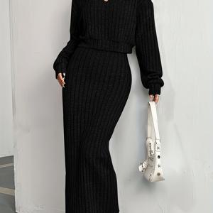 TEMU 여성용 솔리드 컬러 드롭 숄더 후드 탑 드레스 세트